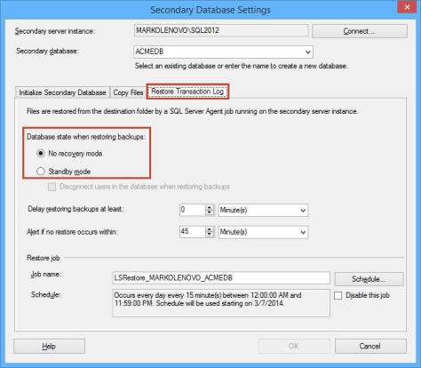 Secondary database settings dialog - choosing No recovery mode
