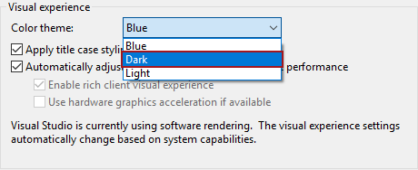 SSMS Dark theme option under Visual experience settings