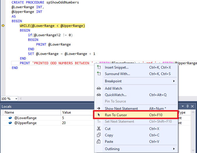 SQL Server debugging - Run to cursor