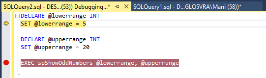 SQL Server debugging in SSMS - the debugger starting in the first line of the script