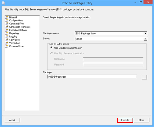 Execute Package Utility window - clicking the Execute button