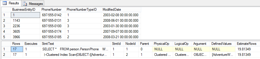 STATISTICS PROFILE results – shows the results and text of the actual query plan