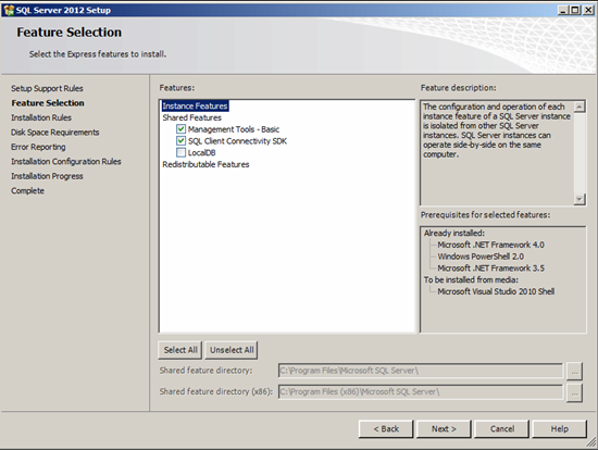 Figure illustrating Feature Selection step in SQL Server 2012 setup