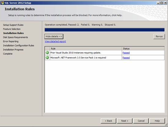 Figure illustrating the Installation Rules step in SQL Server 2012 Management Studio Setup