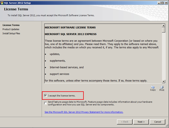 SQL Server 2012 Setup - accepting license terms