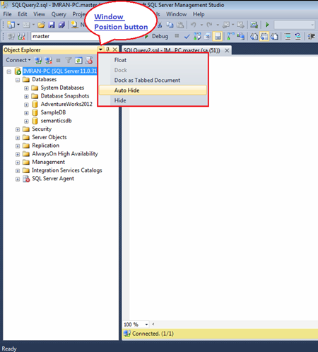 Figure illustrating the window position button of any window in SQL Server and its options