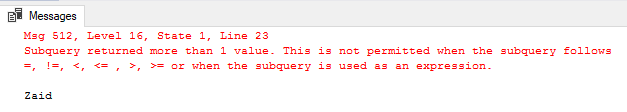 Subquery error message with variable