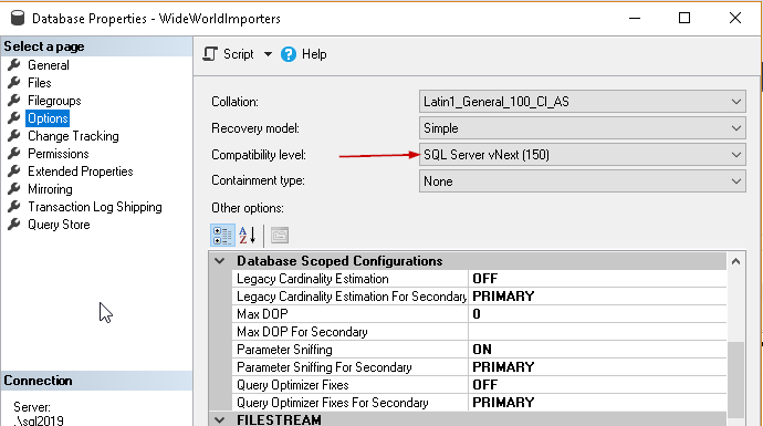 compatibility level 150 in SQL Server 2019