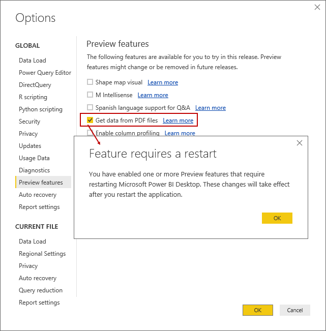 Configuring PowerBI to improt PDF files