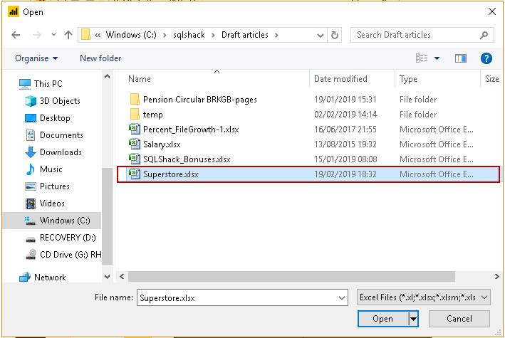 Import the data using Excel sheet into Power BI - selecting a file