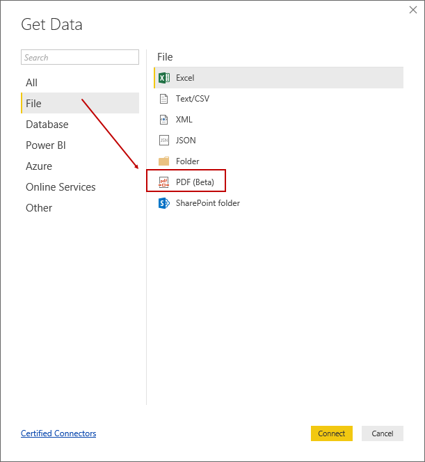 Specifying PowerBI PDF datasource