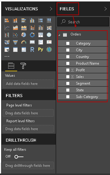 View the imported data set in the FIELDS area in PowerBI