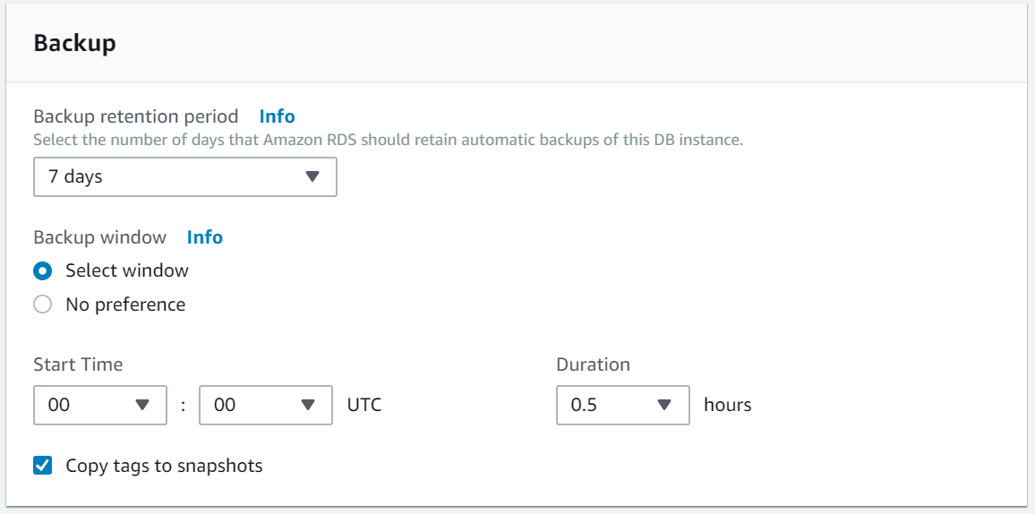 Backup window and retention