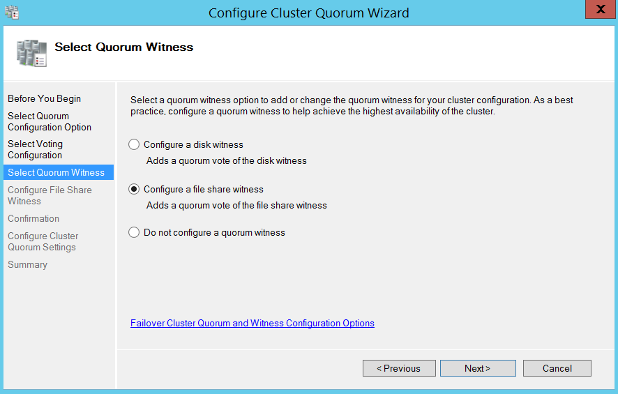 Configure cluser quorum wizard - select quorum witness