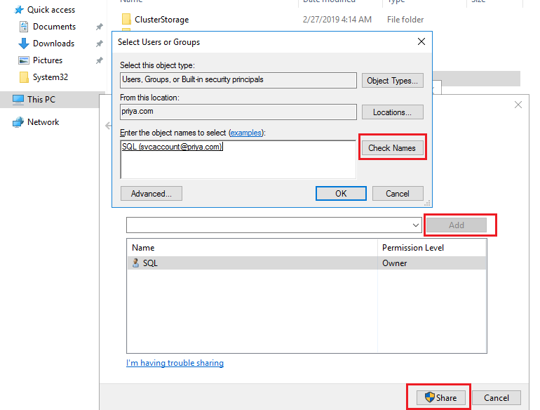 Create a shared locatation - check names