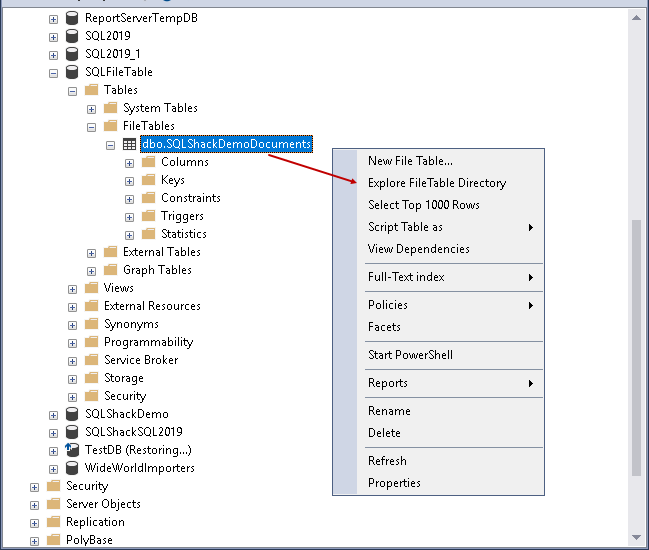 Explore SQL FileTable Directory.