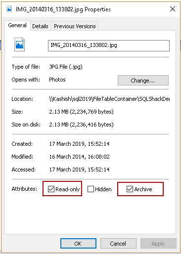 Modified properties of SQL Server FILETABLE