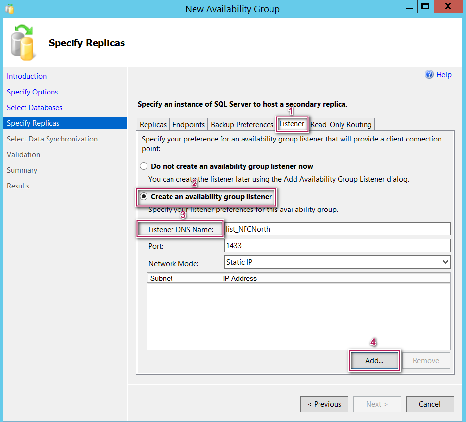 NewSQL Server Always On  availability group - specify replicas - listeners