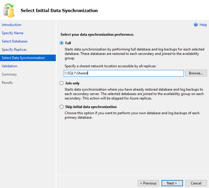 Select initial data synchronization