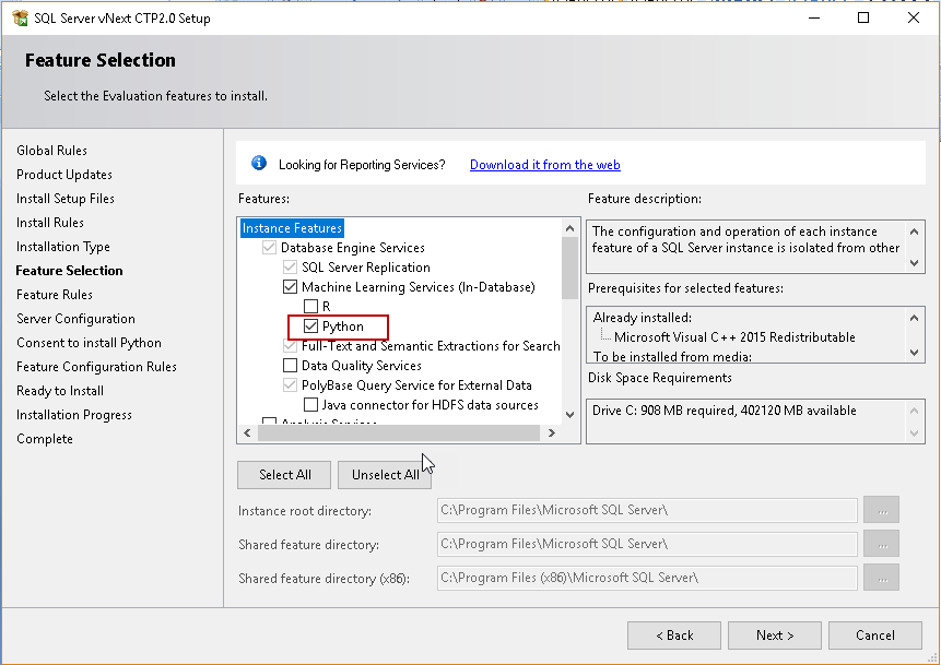 SQL Server feature selection for Python