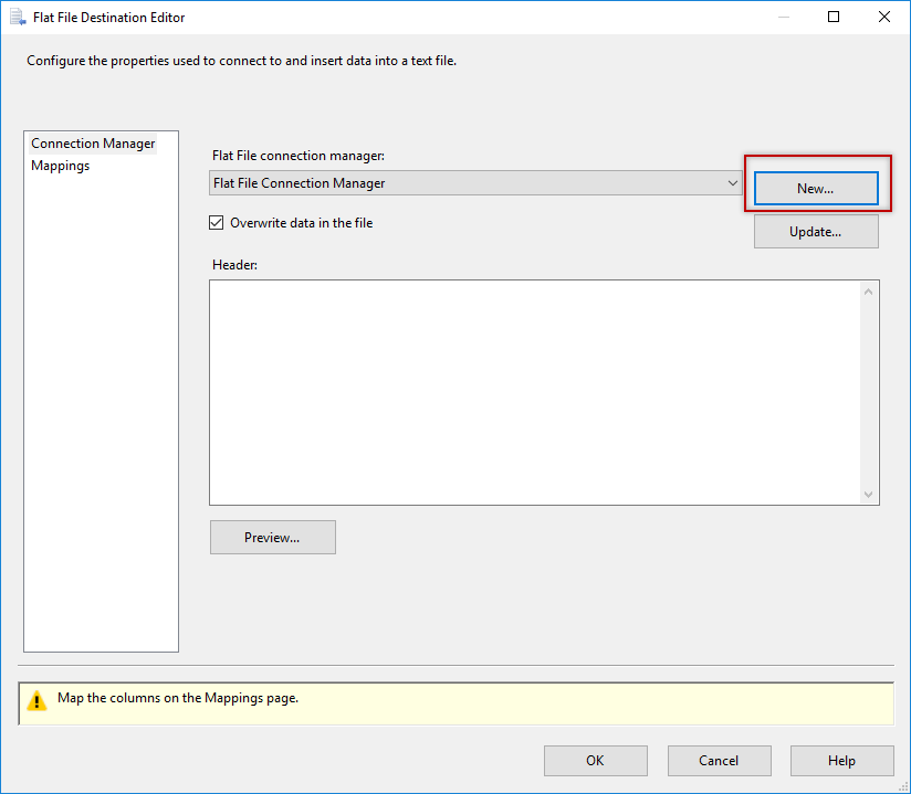 SSIS - Fat File Destination Editor - new connection