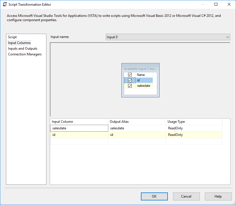 SSIS - Script Transformation Editor - Input Columns