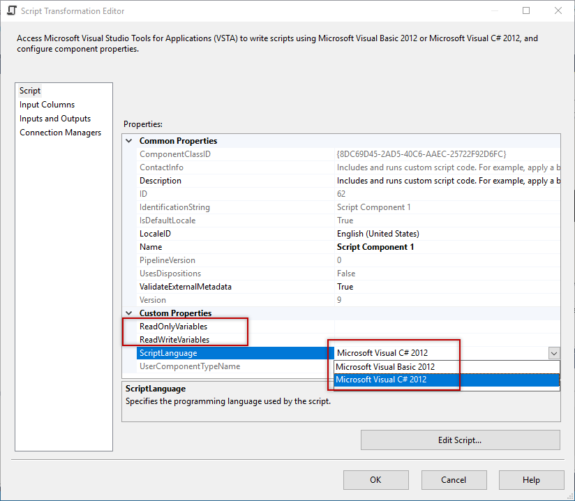 SSIS - Script Transformation Editor - Inputs and Outputs - Script