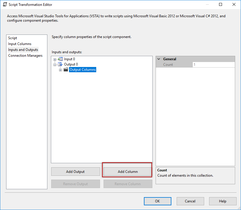 SSIS - Script Transformation Editor - Inputs and Outputs - Add Column