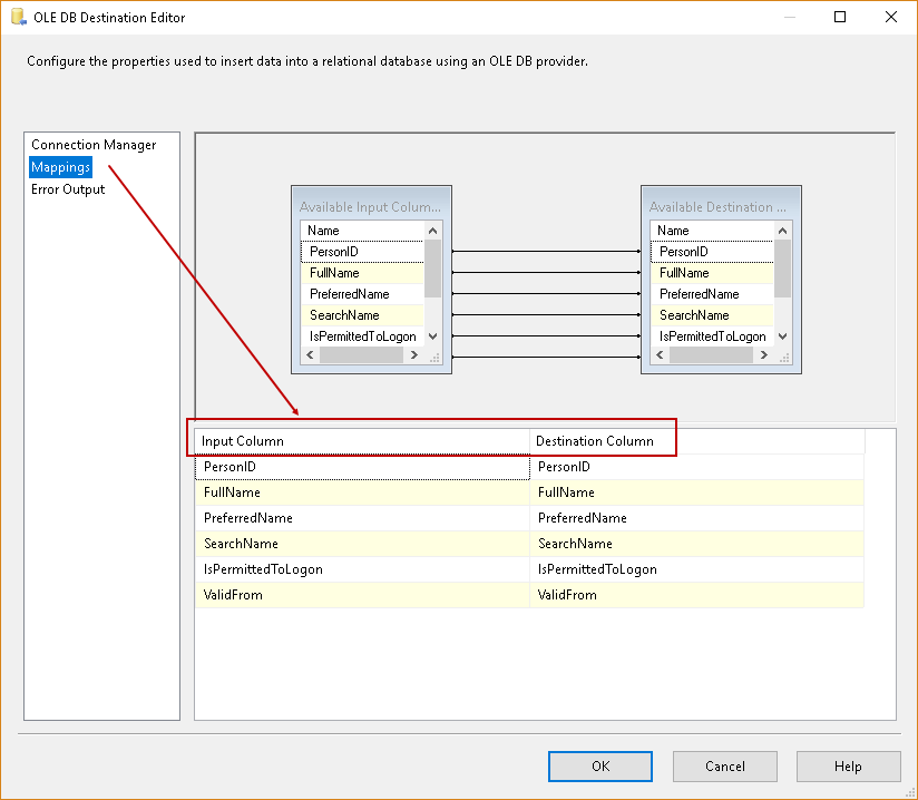 Verify the mapping between CSV columns and table columns