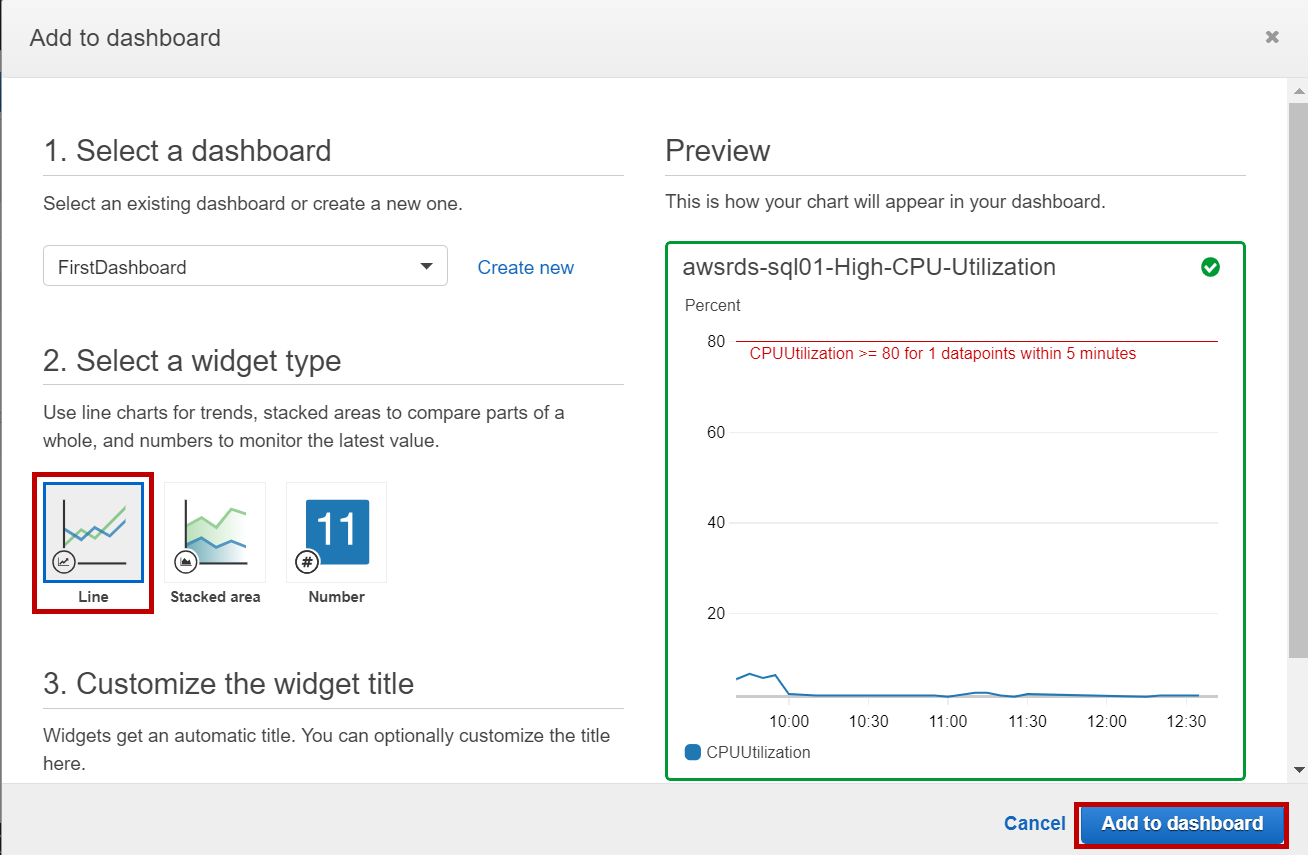 AWS RDS SQL Server Add widget to dashboard