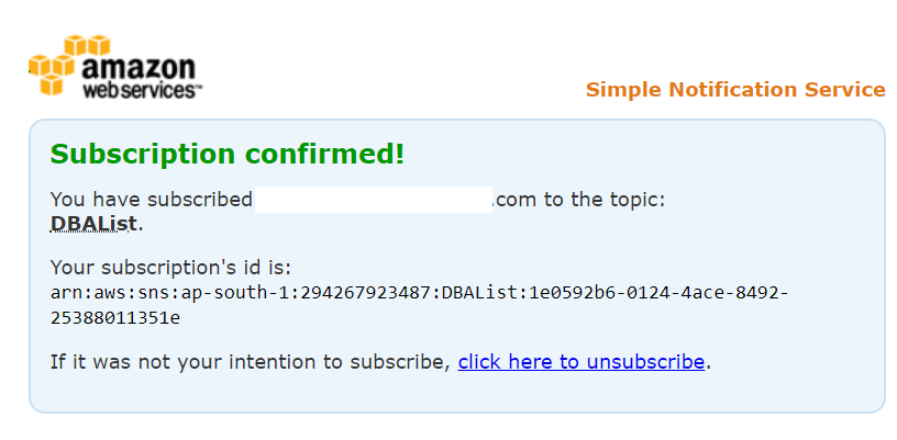 AWS RDS SQL Server Subscription confirmation success