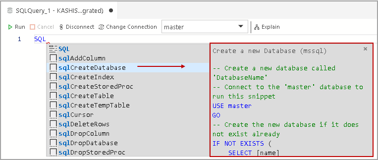 Code Snippets examples to create a new database