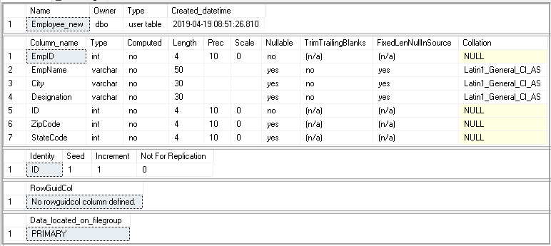 Output of sp_help table