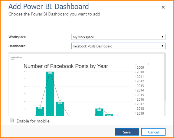 Choose the Power BI Dashboard you want to add