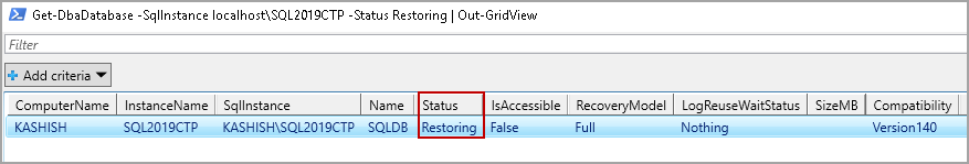 Command to get databases information having status Restoring using DBATools Get-DbaDdatabase command