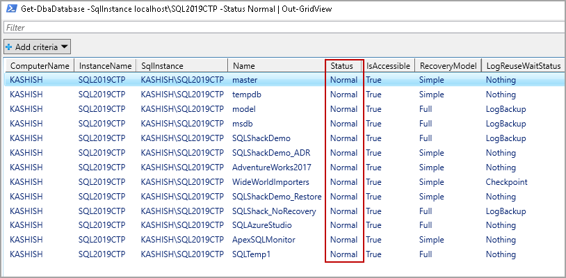 Command to get databases information having status Normal using DBATools Get-DbaDdatabase command