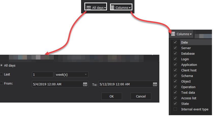 Database auditing tool - Columns and Time Range specifications