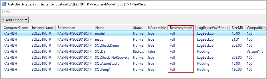 Get a database having a specific recovery model using  DBATools Get-DbaDdatabase command