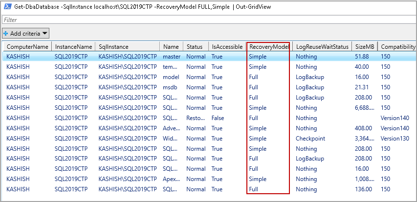 Get a database having a specific recovery model 
