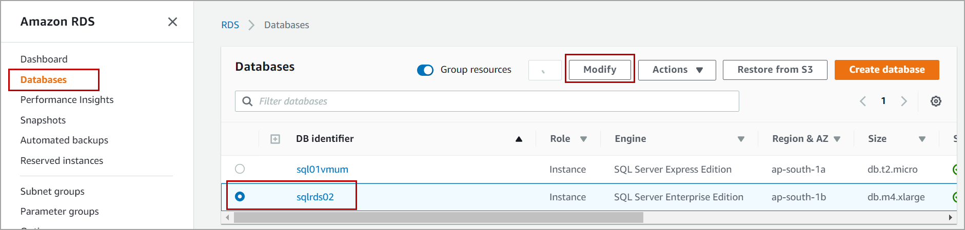 modify database instance