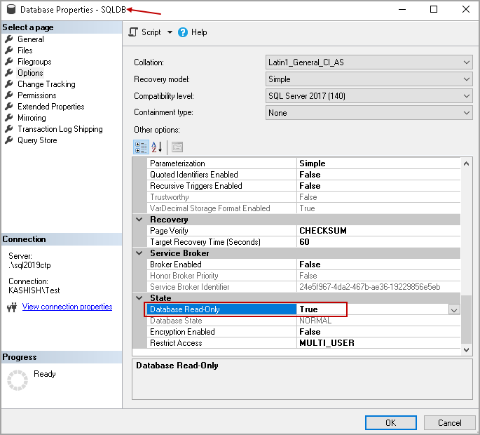 SSMS option to modify DB properties