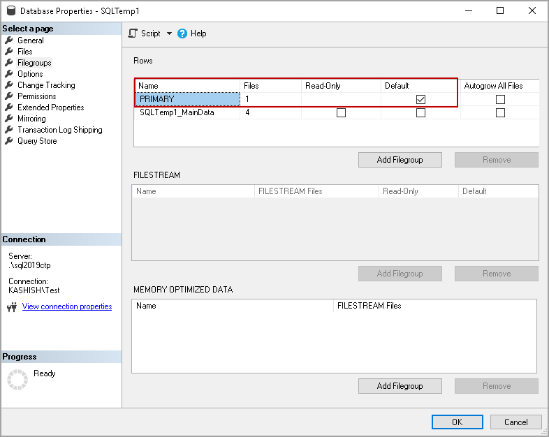 Verify Default file group in SSMS