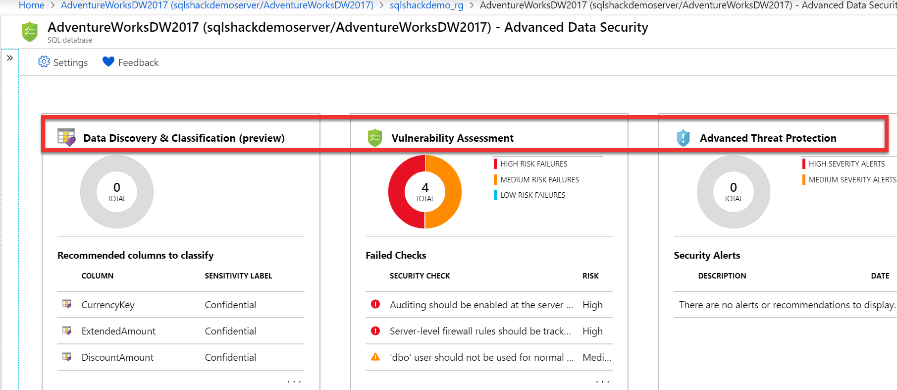 Advanced Data Security enabled in Azure SQL Database.