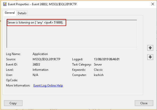check SQL Server ports in Windows Event viewer 