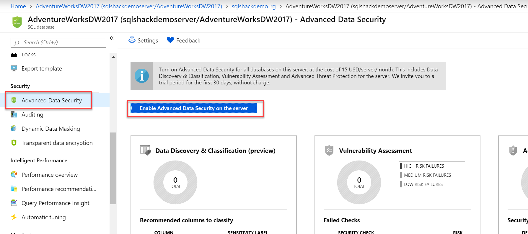 Enable Advanced Data Security on the Server in Azure Portal.
