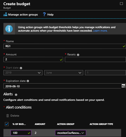 We set our budget for our resource group in the Azure portal