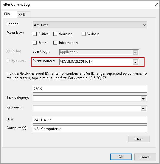 Windows Event viewer filter events