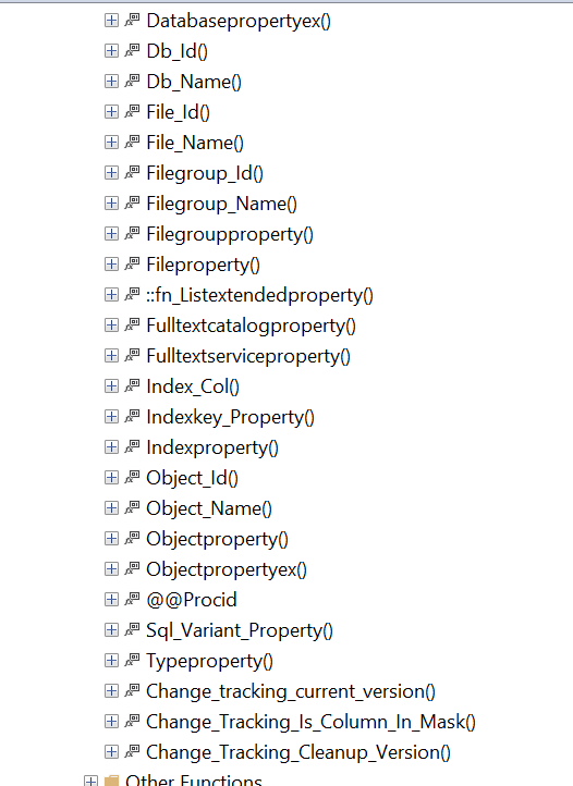 Complete list of T-SQL metadata functions in SSMS.