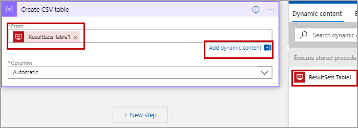 Create CSV table step in Logic App