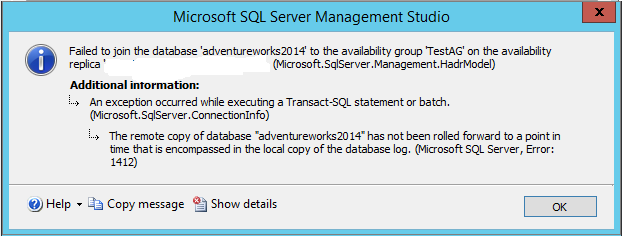 Erorr message while adding database back to AG group